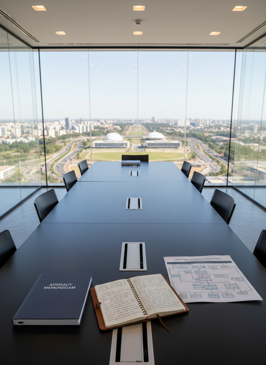 A modern, glass-walled meeting room high above a Brazilian capital’s skyline, featuring a long, matte-black conference table with built-in cable management and subtle metallic accents. On the table lie a bound advocacy memorandum, an open notebook with precise handwritten arguments, and a printed flowchart mapping institutional decision pathways in government relations. Floor-to-ceiling windows reveal a softly blurred cityscape including distant government buildings. Cool, bright daylight fills the room, accented by discreet recessed ceiling lights. Photographic realism, shot from one corner at table height, using leading lines of the table to draw the eye toward the documents. The scene feels strategic, methodical, and discreet, ideal for Legal Advocacy and Relações Governamentais.