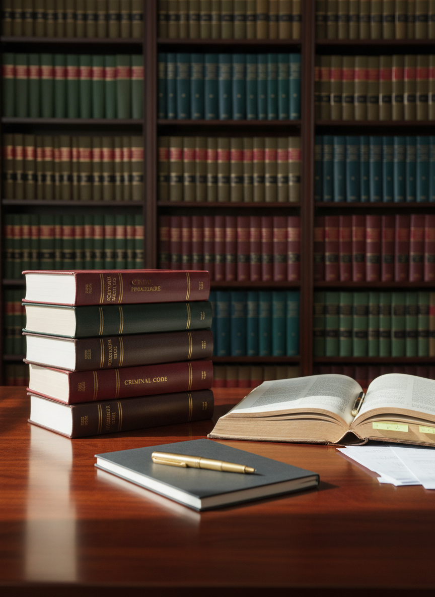 A polished, dark-wood executive desk arranged with a neatly stacked set of leather-bound legal codes, an open, annotated law volume, and a refined brass fountain pen resting beside a minimalist notebook. Behind the desk, tall shelves filled with organized casebooks and legislative compilations create a textured, intellectual backdrop. Soft, diffused daylight filters in from an unseen window, casting gentle, directional light that highlights the grain of the wood and the embossed titles on the spines. Photographic realism at eye level with a slight angle, moderate depth of field that keeps the desk in crisp focus while subtly blurring the shelves, conveying professionalism, authority, and calm strategic focus for a legal advocacy practice.