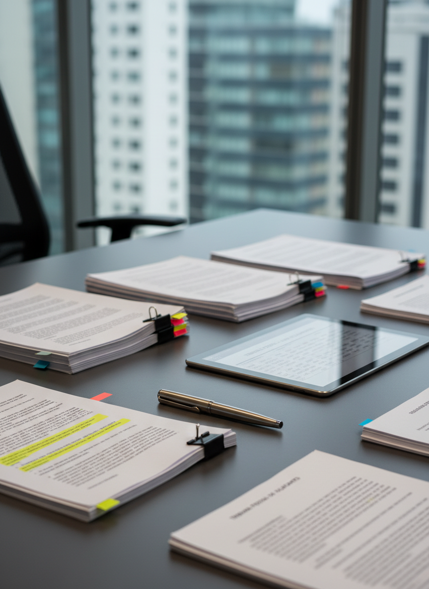 A close-up of a meticulously organized legal case file spread across a smooth, charcoal-gray conference table, featuring neatly clipped documents, highlighted passages, color-coded sticky tabs, and a sleek stainless-steel pen aligned parallel to a slim digital tablet displaying a court docket. The background shows blurred silhouettes of high-rise office buildings through a large glass window, suggesting Brasília or São Paulo’s legal district. Cool, natural daylight streams in, balanced by subtle overhead lighting, creating clean reflections on the tablet surface. Photographic realism from a slightly elevated angle with shallow depth of field, emphasizing the precision and rigor of legal advocacy and tax law strategy in a modern, high-level practice.