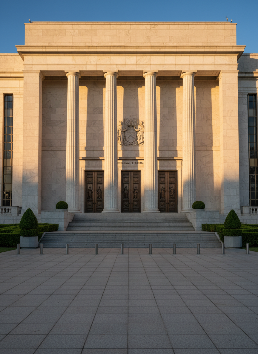 An imposing, marble-clad façade of a Brazilian superior court building captured from a low-angle perspective, showcasing tall columns, engraved national symbols, and a wide staircase leading up to massive bronze doors. The plaza in front is paved with clean stone tiles, flanked by manicured greenery and subtle security barriers. Late afternoon golden-hour sunlight washes the façade, creating long, dignified shadows and warm highlights on the stone surfaces. Photographic realism with sharp detail throughout, sky softly gradient from blue to warm orange near the horizon. The mood is solemn, institutional, and authoritative, emphasizing the gravity and prestige of advocacy before the Tribunais Superiores do Brasil.